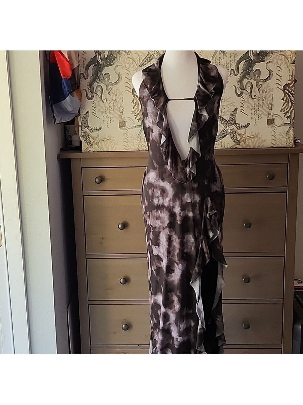 PUBLIC DESIRE, FRILL, DEEP PLUNGE, PRINTED MESH MIDAXI HALTER DRESS SIZE 12 - Picture 2 of 8